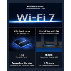 Cudy Routeur Wi-Fi 7 BE11000 tri-bande, 6 flux 10 Gbit/s, 4 ports 2,5 G, jusqu'à 11 000 Mbps, serveur et client VPN, application