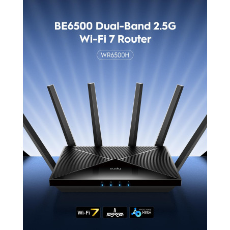 Cudy BE6500 WiFi 7 Dual-Band Router, WAN Porta 2,5G, Client e Server VPN, Controllo Cudy App, CPU Broadcom Quad-Core 2 GHz, WR65