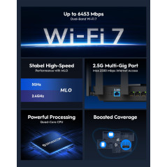 Cudy BE6500 WiFi 7 Dual-Band Router, WAN Porta 2,5G, Client e Server VPN, Controllo Cudy App, CPU Broadcom Quad-Core 2 GHz, WR65