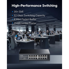 Cudy GS1016E Commutateur Gigabit léger intelligent 16 ports Plug & Play, métal robuste avec ports blindés QoS, VLAN, IGMP LAG, b