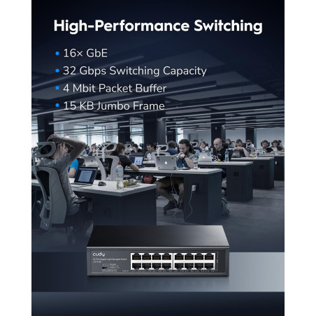 Cudy GS1016E Commutateur Gigabit léger intelligent 16 ports Plug & Play, métal robuste avec ports blindés QoS, VLAN, IGMP LAG, b