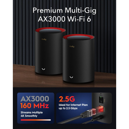 CUDY AX3000 2,5G Système de Maillage Wi-FI 6 Wi-FI 6, 2,5 g WAN, Backhaul Ethernet, idéal pour 1Gig+ Internet, Wireguard, OpenVP