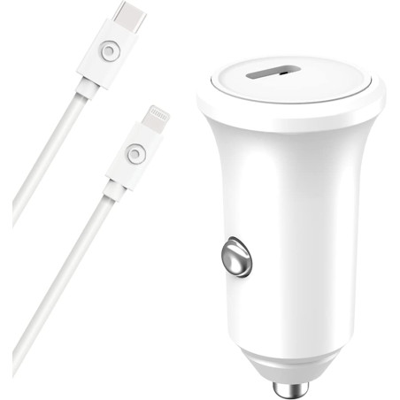 Kit Chargeur Voiture USB C 30W + Câble USB C/Lightning 1.2m Blanc Bigben
