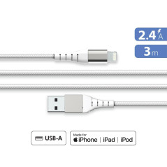 Câble Renforcé USB A/Lightning 3m 2.4A Blanc - Garanti à vie Force Power Lite