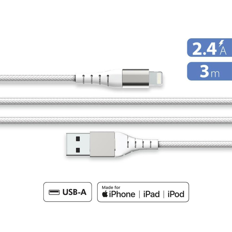 Câble Renforcé USB A/Lightning 3m 2.4A Blanc - Garanti à vie Force Power Lite Câble Renforcé USB A/Lightning 3m 2.4A Blanc - Garanti à vie Force Power Lite
