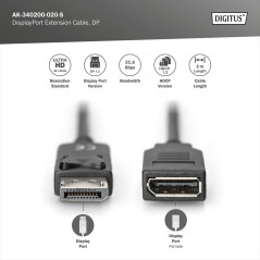 DIGITUS Câble d'extension DisplayPort - DP 1.2 - mâle/femelle - 2.0m - UHD 4K/60Hz - avec verrouillage - Compatible avec moniteu