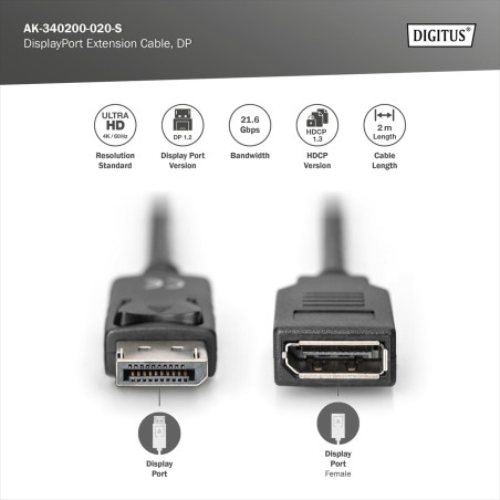 DIGITUS Câble d'extension DisplayPort - DP 1.2 - mâle/femelle - 2.0m - UHD 4K/60Hz - avec verrouillage - Compatible avec moniteu