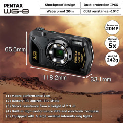 Pentax 1491 Caméra d'aventure WG-8 Noire Toutes Saisons, avec Une Performance Exceptionnelle, Imperméable, Résistante à la Pouss