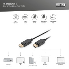 DIGITUS Câble de connexion Displayport - Displayport 1.3 - UHD-II 8k/30Hz - 4k/120Hz - 1.0m - adapté aux écrans, cartes graphiqu