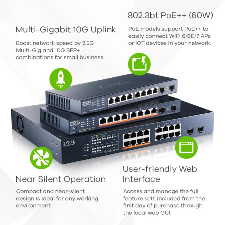 Zyxel 8-Port Multi-Gig 2.5G Cloud/Smart Managed PoE++ @130W | avec 8 x PoE++(60W)| 2 x 10G SFP+ |Bureau ou Montage Mural [XMG191