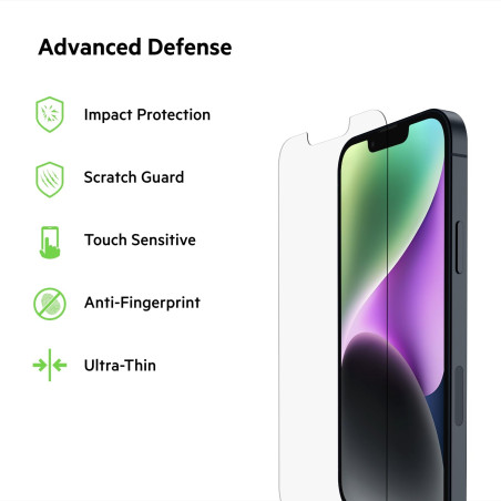 Belkin Protection d’écran TemperedGlass pour iPhone 17e, 16e, 14, 13, 13 Pro - traitement antimicrobien, application sans bulle 