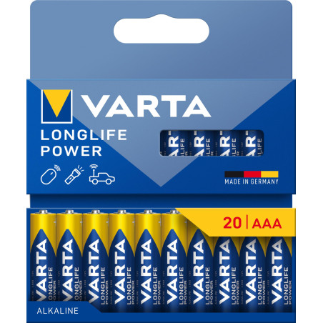 VARTA Piles AAA, lot de 20, Longlife Power, Alcalines, 1,5V, emballage recyclé à 90%, adaptées aux jouets, souris sans fil, lamp