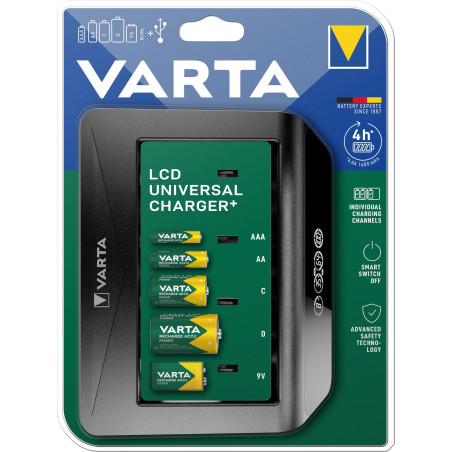 VARTA Chargeur de Piles, charge jusqu'à 4 AA/AAA/C/D/9V Piles rechargeables et appareils USB, LCD Universal Charger+, chargement