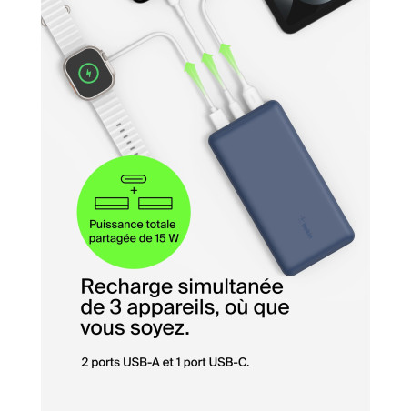 Belkin Batterie externe USB-C 20000mAh (power bank puissance de 20K, entrée et sortie USB-C, 2 ports USB-A, câble USB-C vers USB
