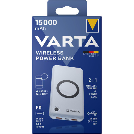 VARTA 2 in 1 Batterie Externe sans fil, Power Bank 15000 mAh, Wireless Charger, charge le smartphone et le powerbank en même tem