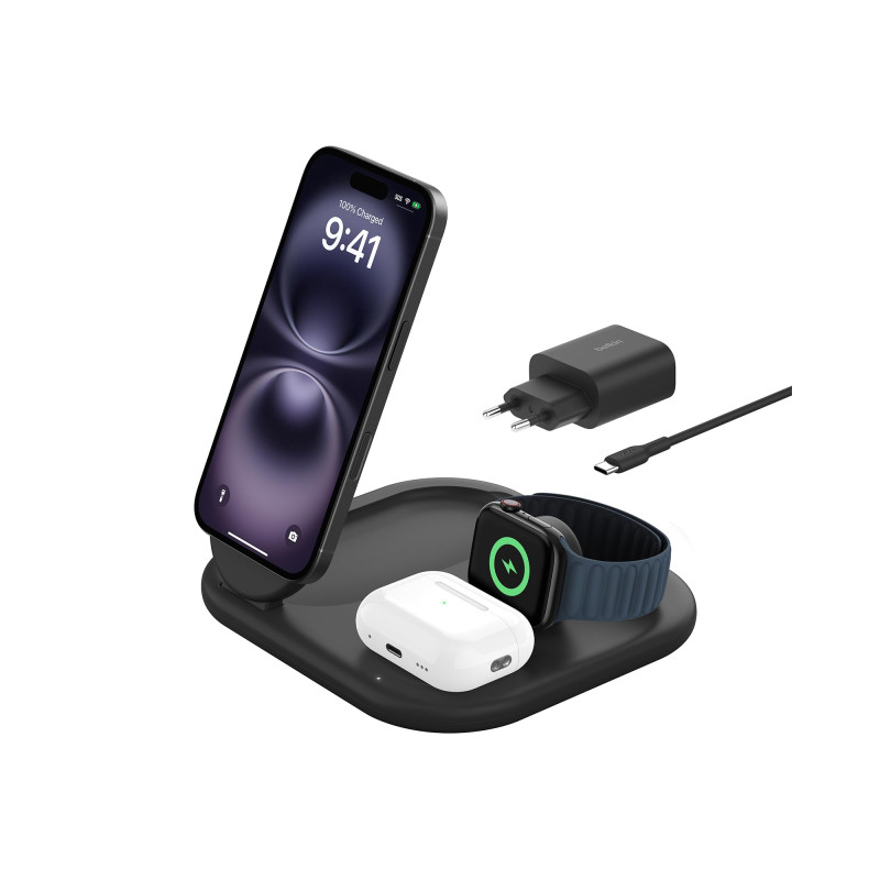 Belkin BoostCharge Socle de Recharge 3-en-1 aimanté et Pliable Qi2, 15 W, Compatible MagSafe, pour iPhone 17, iPhone Air, Pixels