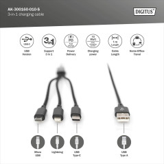 DIGITUS Câble de recharge USB - 1.0 m - USB A ( mâle ) vers Lightning ( mâle ), USB Micro B ( mâle ), USB C ( mâle ) - Câble de