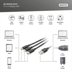 DIGITUS Câble de recharge USB - 1.0 m - USB A ( mâle ) vers Lightning ( mâle ), USB Micro B ( mâle ), USB C ( mâle ) - Câble de 