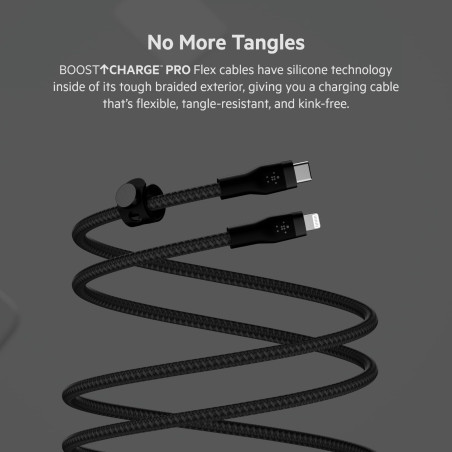 Belkin Câble à gaine tressée USB-C vers Lightning BoostCharge Pro Flex (2 m), certifié MFi (20 W), recharge Power Delivery pour