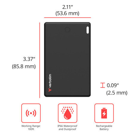 Verbatim My Finder Card Slim Wallet Tracker, Carte de Suivi d'objets Bluetooth Rechargeable pour Portefeuille, Passeport, etc. C