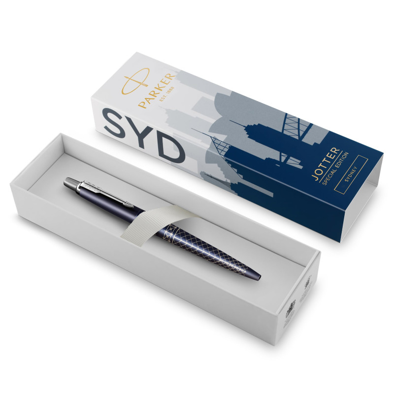 Parker Jotter Stylo bille | Édition spéciale | Sydney Bleu Finition chrome | Encre Bleue | Coffret cadeau