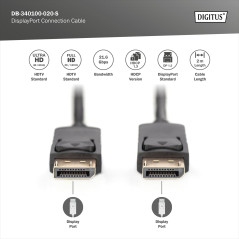 DIGITUS Câble DisplayPort - UHD 4K/60Hz - 2m - avec verrouillage, HBR 2 - Displayport 1.2 - Compatible avec moniteur, carte grap