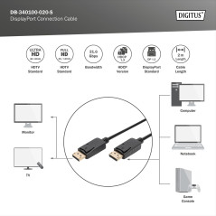 DIGITUS Câble DisplayPort - UHD 4K/60Hz - 2m - avec verrouillage, HBR 2 - Displayport 1.2 - Compatible avec moniteur, carte grap