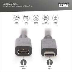 DIGITUS Câble d'extension USB 2.0 - 1.5 m - USB C (mâle) à USB C (femelle) - 480 Mbit/s - câble de type C - noir