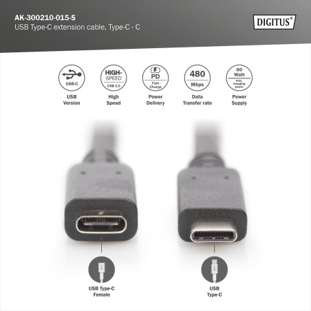 DIGITUS Câble d'extension USB 2.0 - 1.5 m - USB C (mâle) à USB C (femelle) - 480 Mbit/s - câble de type C - noir
