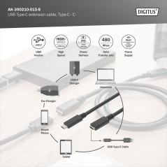 DIGITUS Câble d'extension USB 2.0 - 1.5 m - USB C (mâle) à USB C (femelle) - 480 Mbit/s - câble de type C - noir