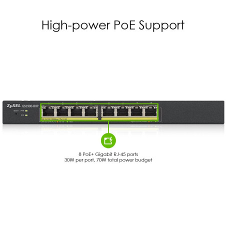 Zyxel Commutateur Switch 8-Ports Gigabit PoE | Gestion Intelligente | Montage sur Bureau ou sur Mur | Sans Ventilateur | PoE+ av