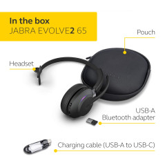 Jabra Evolve2 65 Casque PC Sans Fil - Casque Certifié Microsoft Teams Mono Écouteur avec Batterie Longue Durée - Adaptateur Blue