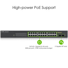 Zyxel Switch 24 ports Gigabit PoE | Gestion intelligente | Montage en rack | 24 ports PoE+ avec une puissance de 170 Watts et 2 
