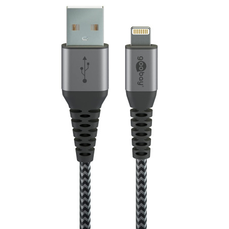 goobay 49267 Câble Lightning Apple/Certifié MFi/Câble textile premium extra résistant avec connecteurs métalliques/Iphone, Ipad,