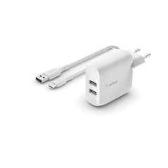 Belkin Chargeur secteur 2 ports USB-A Boost Charge 24 W + Câble USB-A vers USB-C (pour Samsung, Pixel, iPad Pro, etc.)