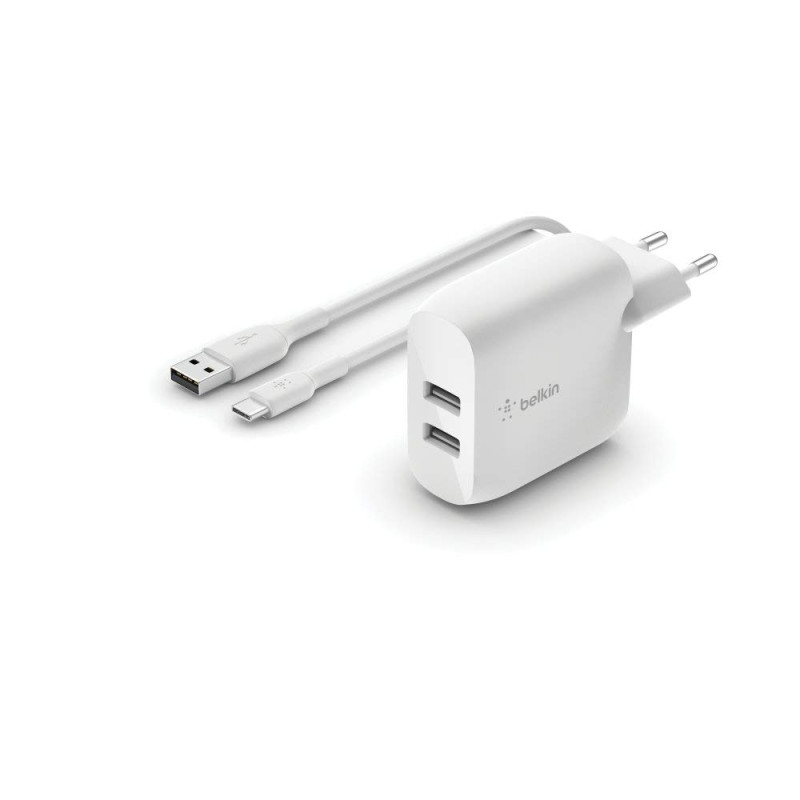 Belkin Chargeur secteur 2 ports USB-A Boost Charge 24 W + Câble USB-A vers USB-C (pour Samsung, Pixel, iPad Pro, etc.)