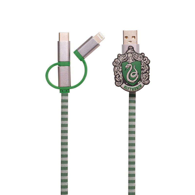 Magnum Brands Group Warner Harry Potter Écharpe Serpentard Poudlard USB 3 en 1 Câble de Charge Lightning Type-C et Micro USB Com Magnum Brands Group Warner Harry Potter Écharpe Serpentard Poudlard USB 3 en 1 Câble de Charge Lightning Type-C et Micro USB Com