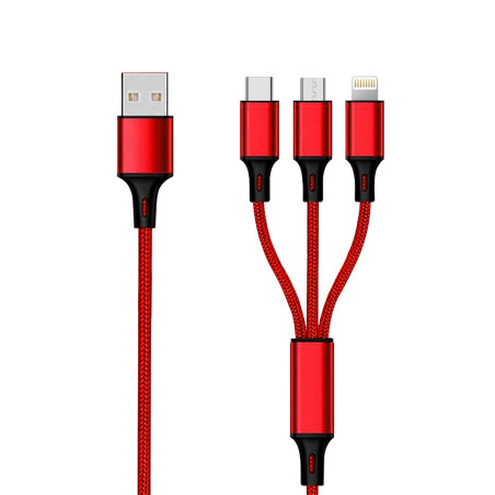 2GO Câble de Charge USB en 1 - Rouge - 150 cm - pour Micro USB & Apple 8 Broches et USB Type-C