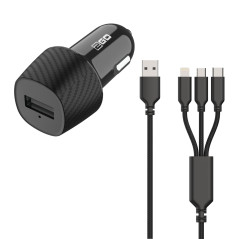 2GO 797258 Aspect Carbone + câble 12 V 3 en 1 pour Micro USB, USB-C, Apple Lightning, 797258