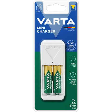 VARTA Chargeur de Piles, incl. 2X AA 2100mAh, chargeur pour piles rechargeables, charge 2 AA/AAA simultanément, Mini Charger, bl