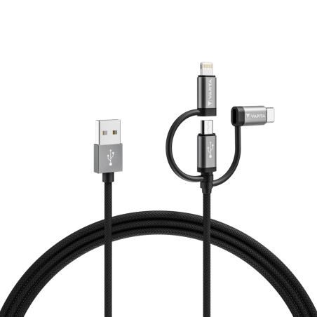 VARTA 3en1 Speed Charge & Sync Câble USB A vers Micro USB, USB Type C, Lightning ,MFI, 2m 60W, câble charge rapide, durable en n