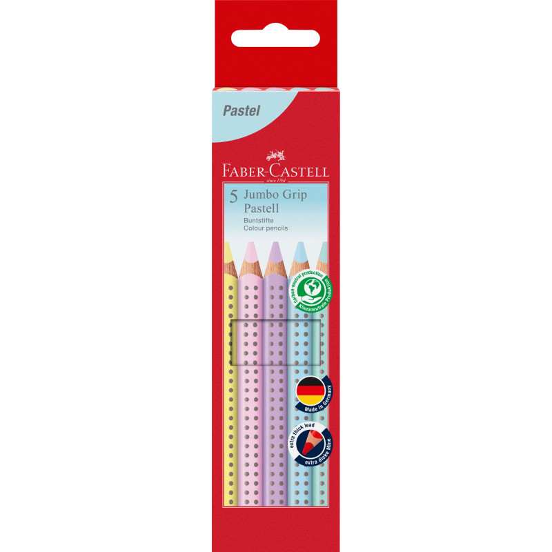 Faber-Castell 110991 - Set de crayons de couleur Jumbo Grip Pastel, 5 pièces, triangulaires, incassables, crayons de couleur pou Faber-Castell 110991 - Set de crayons de couleur Jumbo Grip Pastel, 5 pièces, triangulaires, incassables, crayons de couleur pou