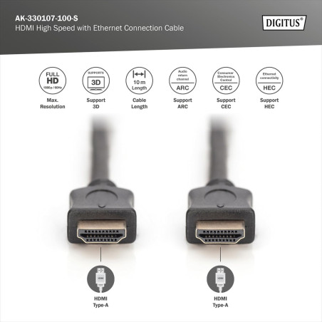DIGITUS Câble HDMI - 10m - Full HD 1080p 60 Hz - contacts plaqués or - compatible avec TV, projecteur, moniteur - noir