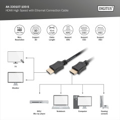 DIGITUS Câble HDMI - 10m - Full HD 1080p 60 Hz - contacts plaqués or - compatible avec TV, projecteur, moniteur - noir