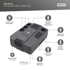DIGITUS All-in-One Line-Interactive VI onduleur - 800VA / 480W - AVR - 4 prises de courant de sécurité - 3x C13 - logiciel d'arr