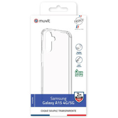 Muvit for France Coque Transparente Résistante aux Chutes de 2M pour Samsung Galaxy A15 4G/5G. Eco-Responsable - Protection des 