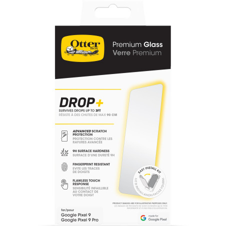 Protecteur d'écran OtterBox Premium Glass pour Google Pixel 9 / Pixel 9 Pro, Verre trempé, Protection avancée Anti-Rayures, rési