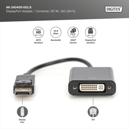 DIGITUS DisplayPort - Adapt. DVI Convertisseur, DP-DVI,15cm, Noir