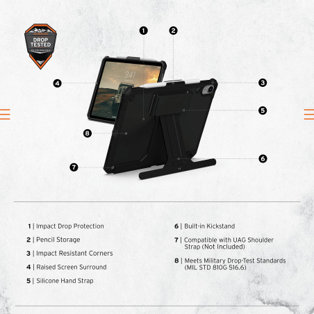 Urban Armor Gear Scout Handstrap & Kickstand Adapté pour modèles Apple: iPad 10.9 (10e génération) Noir