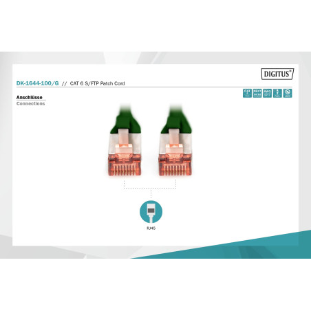 DIGITUS Câble LAN Cat 6 - 10m - RJ45 Câble réseau - S/FTP blindé - Compatible Cat6A et Cat7 - Vert